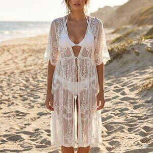 Suzy Shier White Floral Embroidered Mesh Kimono Duster Cover Up One Size